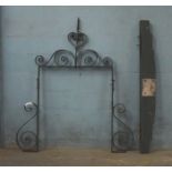 WROUGHT IRON PUB SIGN BRACKET WITH WOODEN BASE. 1640MM ( 64.5" ) WIDE X 1690MM ( 66.5" ) HIGH [0]