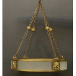 *CIRCULAR FROSTED GLASS HANGING LIGHT SHADE. CIRCA 1930. HEIGHT 560MM (2IN) INCL. CHAIN X DIAMETER
