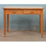 *TWO DRAWER MELAMINE TABLE, MID 1900'S. HEIGHT 760MM (30IN) X WIDTH 1070MM (42IN) X DEPTH 690MM (
