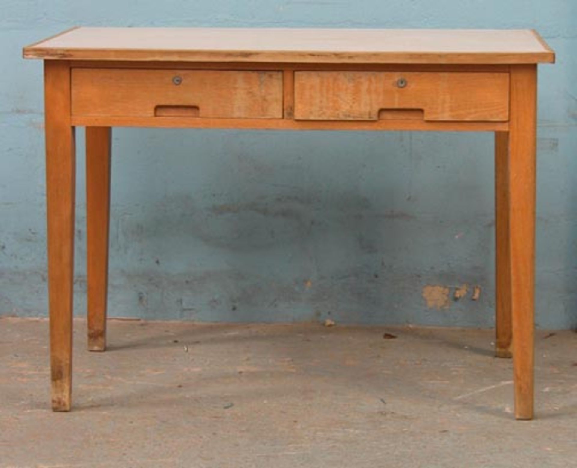 *TWO DRAWER MELAMINE TABLE, MID 1900'S. HEIGHT 760MM (30IN) X WIDTH 1070MM (42IN) X DEPTH 690MM (