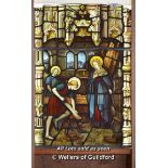 *DECORATIVE STAINED GLASS PANEL DEPICTING YOUNG JESUS CHRIST IN BETHLEHEM AS A CARPENTER FEATURING