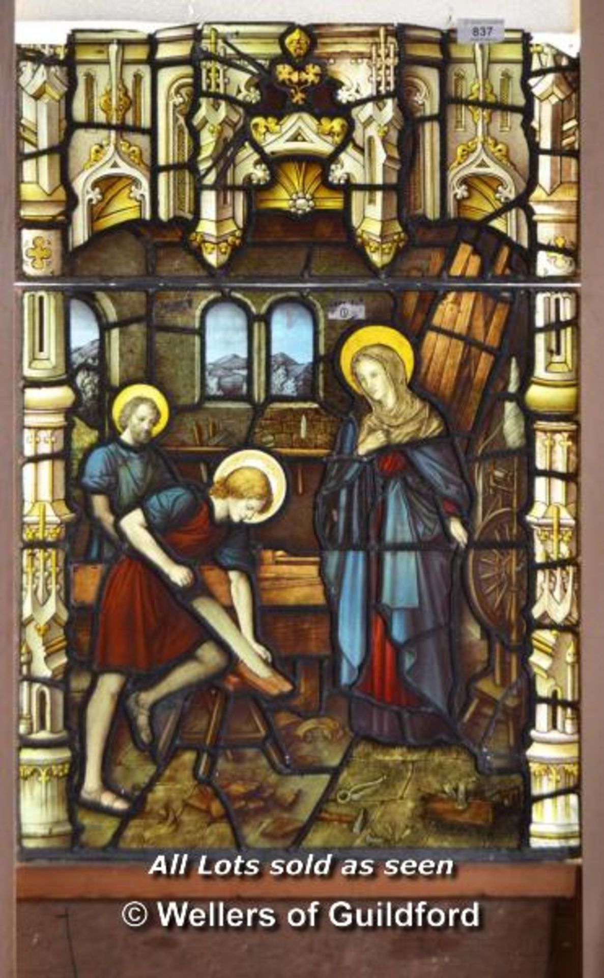 *DECORATIVE STAINED GLASS PANEL DEPICTING YOUNG JESUS CHRIST IN BETHLEHEM AS A CARPENTER FEATURING