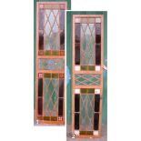 PAIR TALL STAINED GLASS WINDOWS, EARLY 1900S. 2485MM (98IN) HIGH X 575MM (22.75IN) WIDE X 20MM (