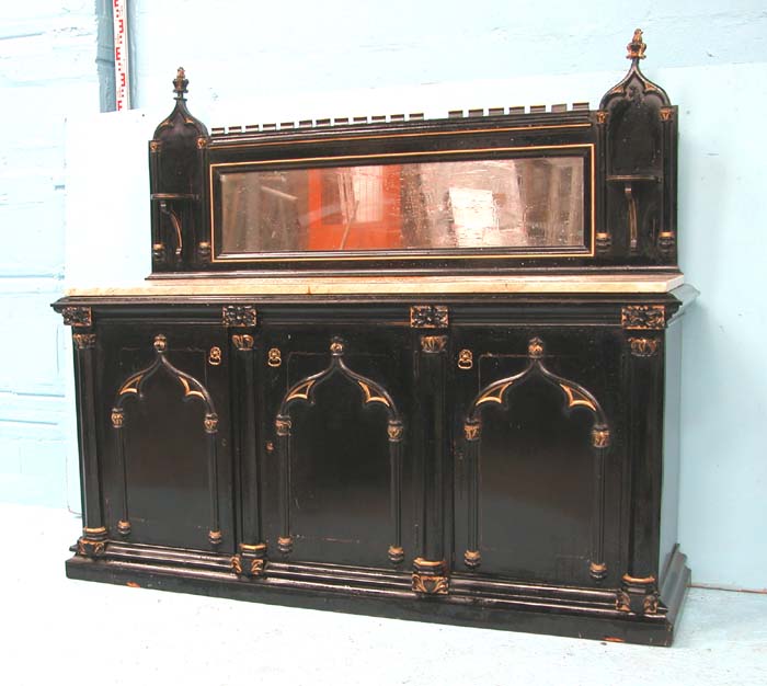 *EBONISED & GILDED STRAWBERRY HILL GOTHIC SIDEBOARD WITH WHITE MARBLE TOP CIRCA 1860. HEIGHT