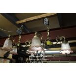 *PAIR OF THREE ARM BRASS CEILING LIGHTS WITH PINK SHADES [0]
