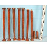 *SIX RECLAIMED PINE 3/4 COLUMNS WITH STAINED MAHOGANY FINISH PLUS SPARES, MID 1900S. HEIGHT 780MM (