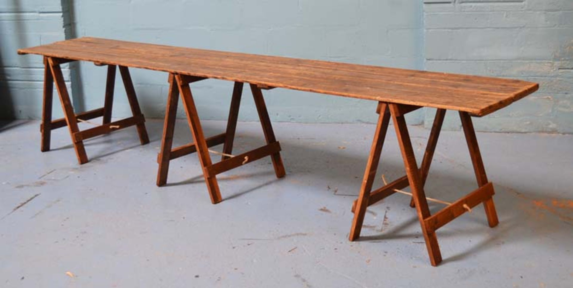 *ORIGINAL PINE VICTORIAN TRESTLE TABLE. 3010MM ( 142" ) WIDE X 610MM ( 24" ) DEEP X 755MM ( 29.75" )