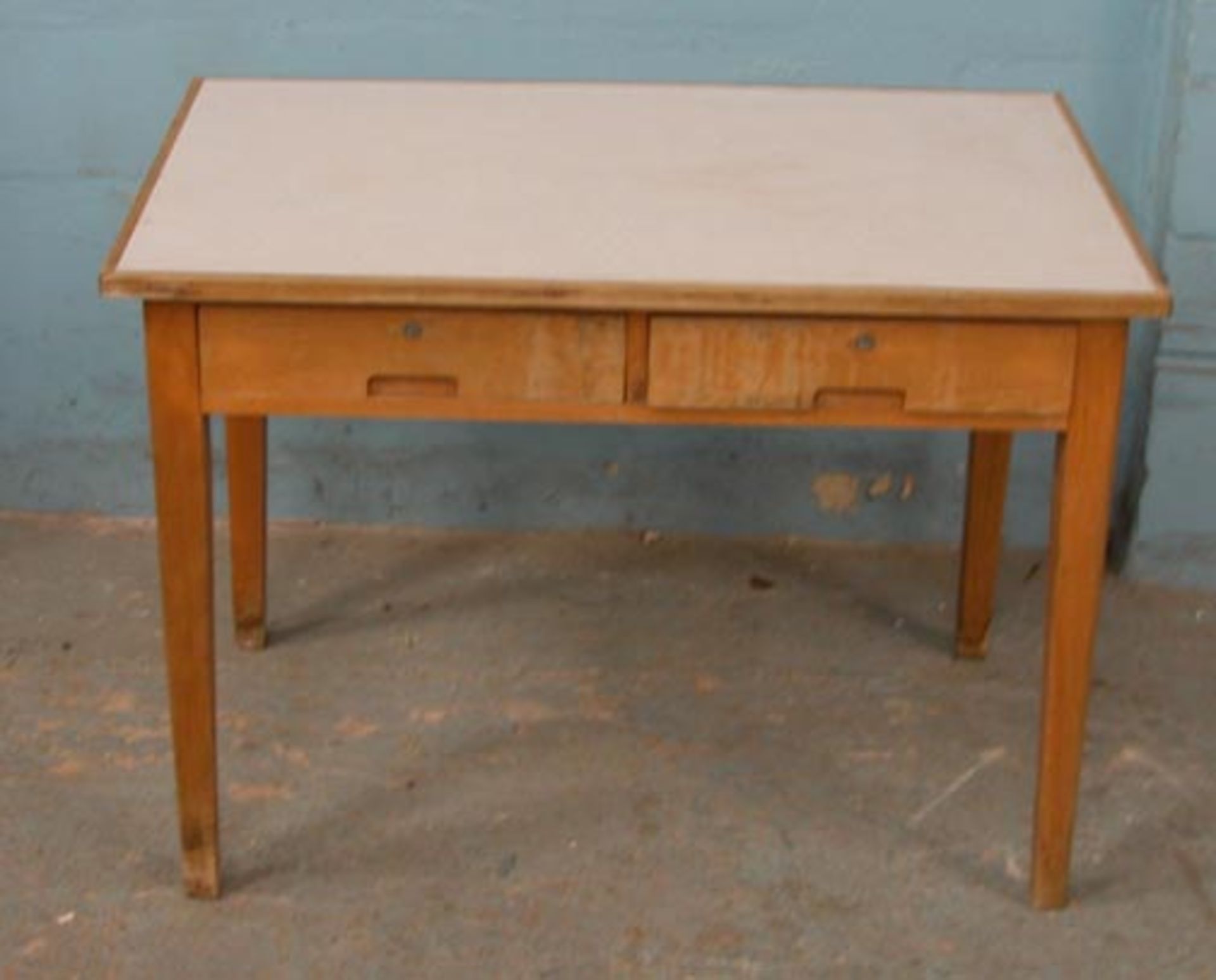 *TWO DRAWER MELAMINE TABLE, MID 1900'S. HEIGHT 760MM (30IN) X WIDTH 1070MM (42IN) X DEPTH 690MM ( - Image 3 of 4