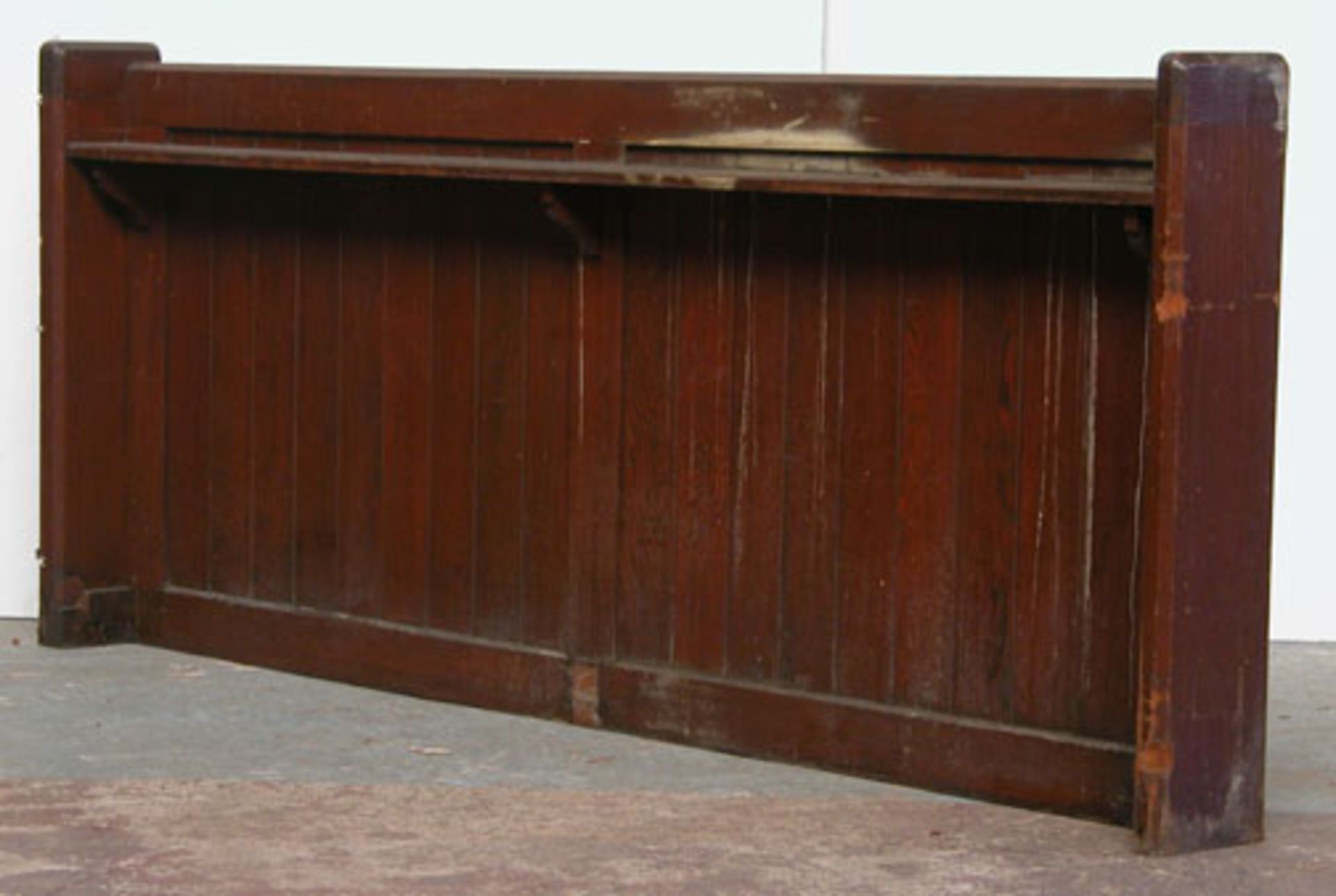 *RECLAIMED PITCH PINE PEW FRONT. HEIGHT 920MM (36.25IN) INCL END X WIDTH 2250MM (88.5IN) INCL ENDS X