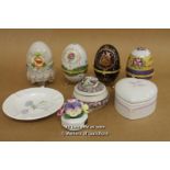 Four Porcelain Egg-Shaped Trinket Boxes; Four Further Ornamental Pieces Of Porcelain.