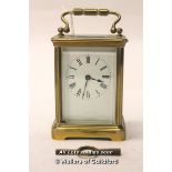 A Brass Carriage Clock, The White Enamel Dial With Roman Numerals, Leather Carry Case And Key, Front