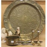 Brasswares Including A Large Charger, 74cm Diameter, Poker, Bowl, Candlesticks, Etc; Resin Bust Of