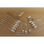 Five Silver Teaspoons, Silver Handled Cake Knife And A Quantity Of Silver Plated Spoons.