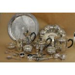 Silver Plated Wares Including Comport, Circular Tray, Coffee Pot, Tea Set, Condiment Set And Other