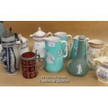 A Group Of Ceramics Including A Graduated Set Of Three Jugs, Jasperware Bottle Vase, Etc.
