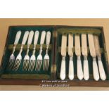 *6 Pairs Of Mother Of Pearl Handled Knives And Forks In A Wooden Box [LQD123]