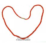 *Antique Coral Necklace With Yellow Metal Clasp Tested As 9ct, Length 42cm [LQD123]