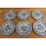 A Set Of Six Patent Ironstone China Blue And White Plates, 23.75cm Diameter.