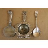 Magnifying Glass With Silver Handle; White Metal Tea Strainer; White Metal Spoon With Flower