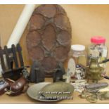 A Quantity Of Bric-A-Brac Including Horse Brasses, Flat Irons, Small Quantity Of Cigarette Cards,