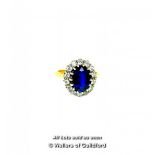 Vintage Synthetic Sapphire And Diamond Cluster Ring, Oval Cut Synthetic Sapphire Weighing An