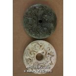 Two Large Circular Hardstone Pendants, 6cm Diameter