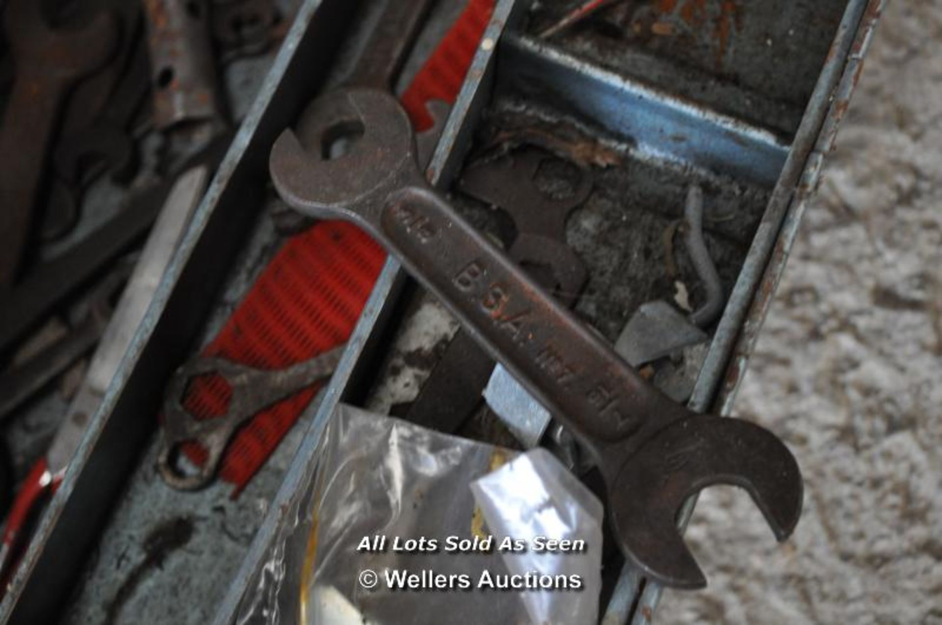 METAL FOLD OUT TOOLBOX FULL OF OLD TOOLS INCLUDING MAINLY SPANNERS, NAMES OF B.S.A ETC - Image 2 of 3