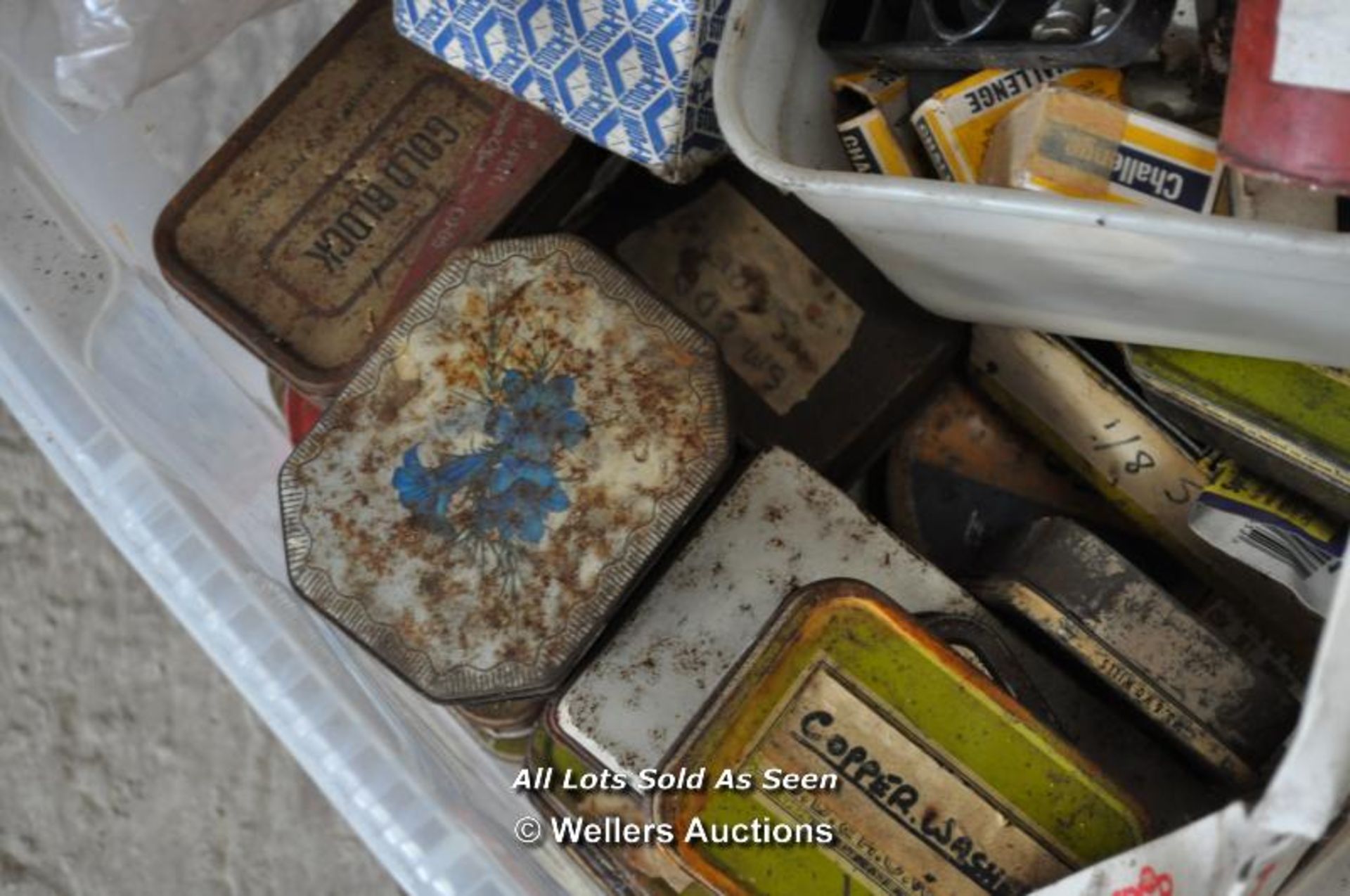 LARGE BOX OF HARDWEAR MAINLY IN OLD TOBACCO TINS - Image 2 of 2