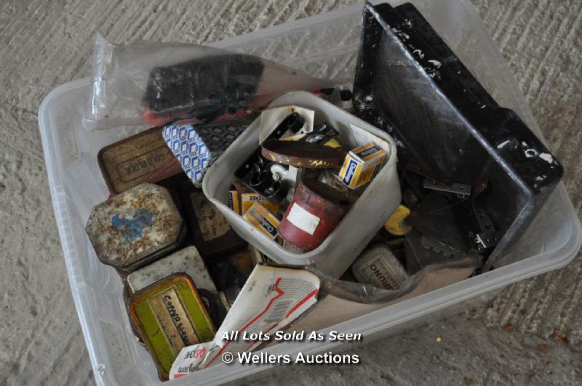 LARGE BOX OF HARDWEAR MAINLY IN OLD TOBACCO TINS