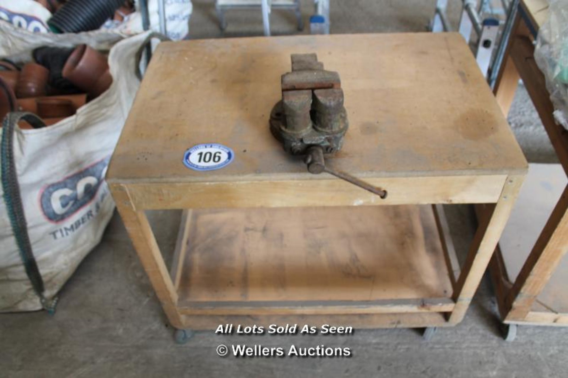 WORK BENCH ON WHEELS, WITH OLD VICE