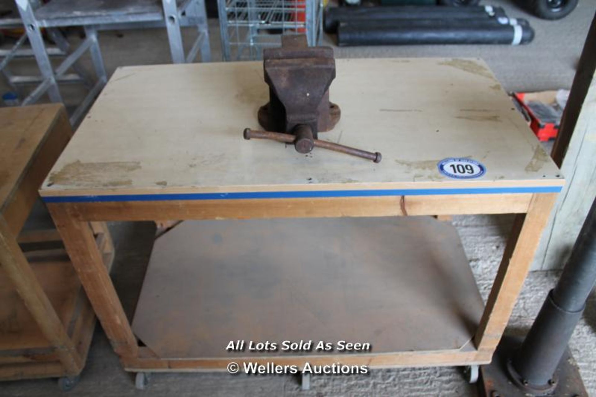 WORKBENCH ON WHEELS WITH LARGE OLD VICE