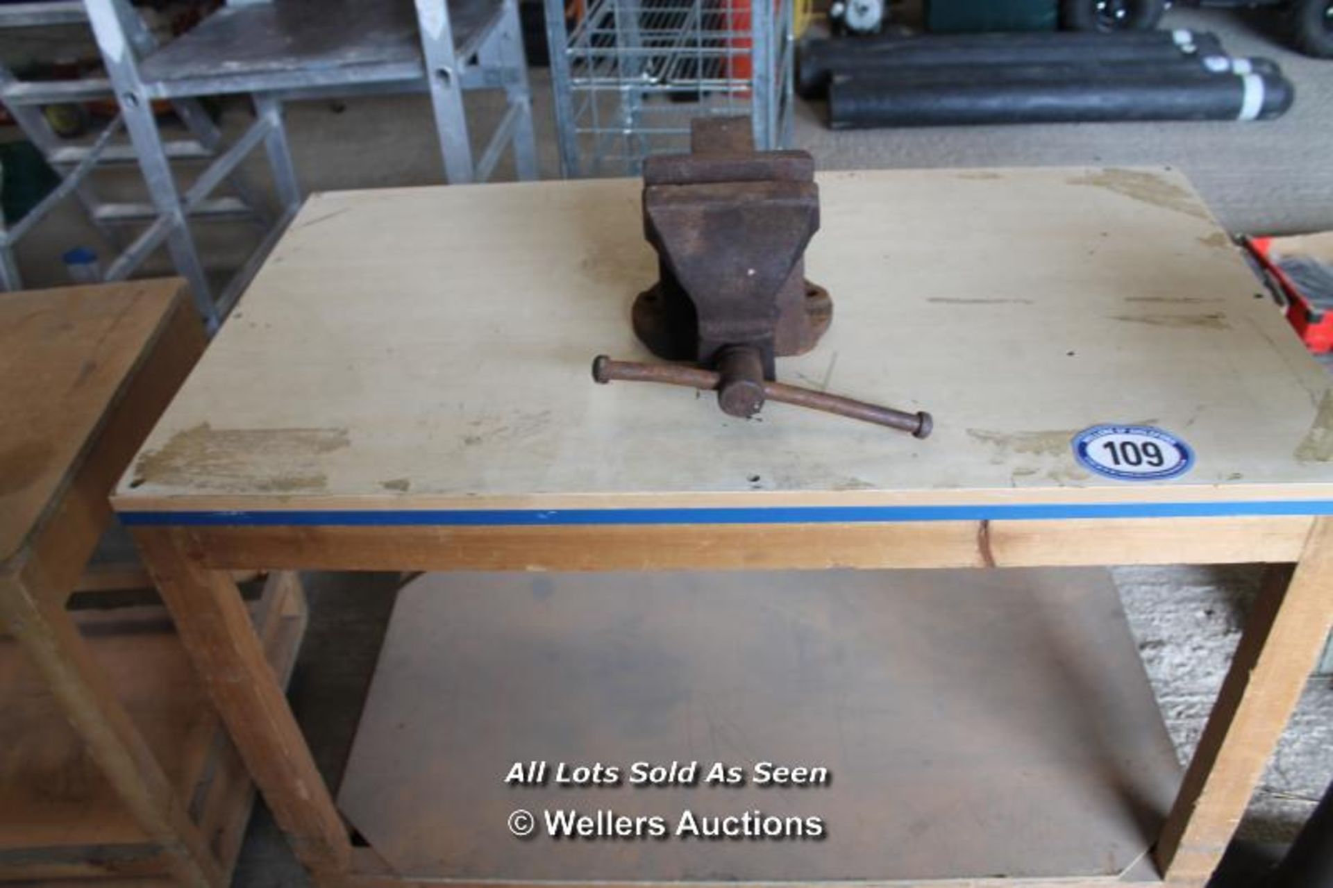WORKBENCH ON WHEELS WITH LARGE OLD VICE - Image 3 of 3