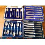 Two Cased sets of silver handled tea knifes boxed case of Silver teaspoons and another part case of