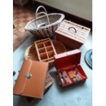 A collection of baskets leather case and a 1960s brexton shooting picnic case as new.