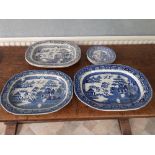 19th century willow pattern meat plate with gravy well damage to base 3 other meat plates etc.