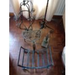 Large wrought iron candlestick fire basket trivet, hanging lantern and a bell