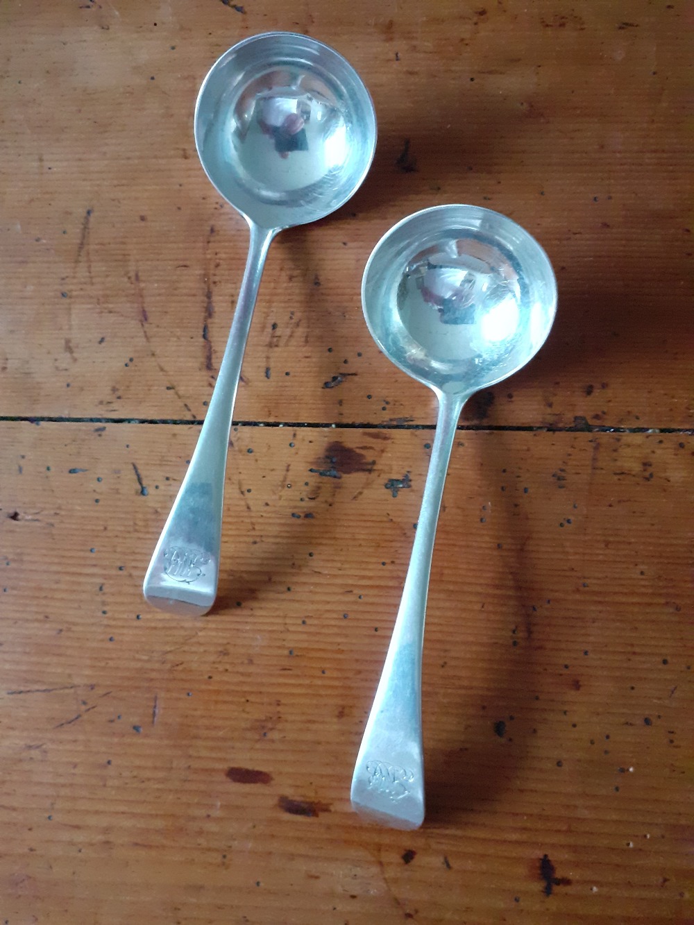 A Pair of Silver sauce Ladles old English monogrammed London 1893
