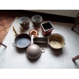 Brass jam pan copper bowls Brass planters, two brass candlesticks etc