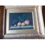 Probably Oliver Claire Fruit with Eggs Oil On Canvas unsigned in gilt frame.