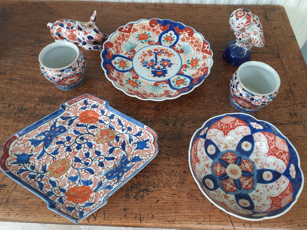 19th century Imari bowl, dish, plate 12" and two vases one slight crack etc.