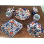 19th century Imari bowl, dish, plate 12" and two vases one slight crack etc.