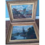 19th century Mountainous landscape with cattle. Pair of oils on board in gilt frames