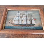 A Victorian painted glass picture of a sailing ship