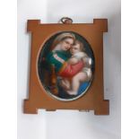 19th century continental porcelain plaque of Madonna and child framed 3" x2.5"