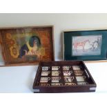 Two decoupage trays and another retro tray with a racing print