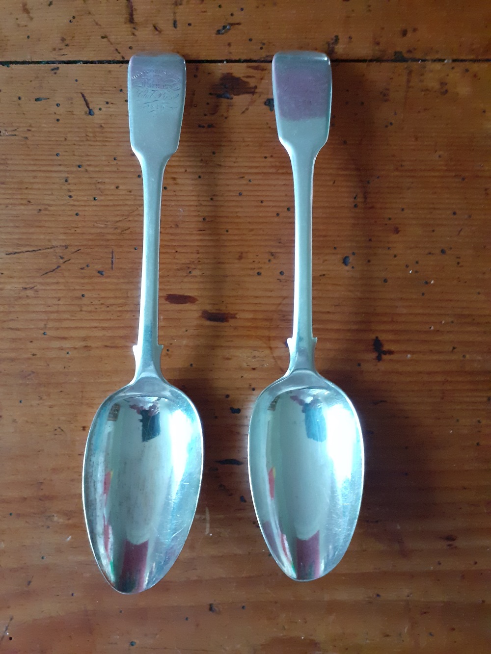 A Pair of Silver tablespoons, old English, engraved Montgomeryshire Farmers club 1849.