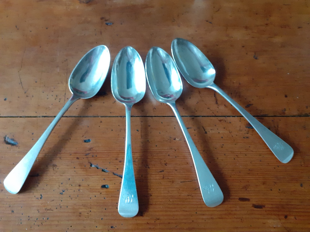 Four William IV Silver Serving Spoons Old English monogrammed.