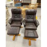 Two retro swivel armchairs with matching footstools