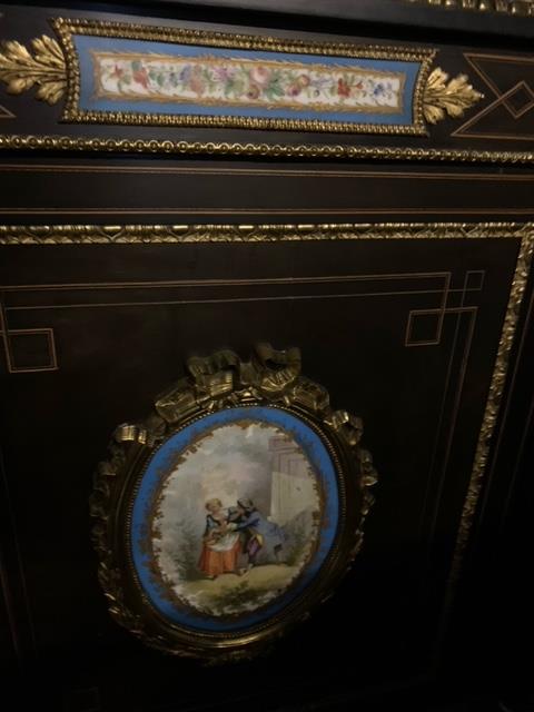 A Victorian ebonised Credenza inlaid with sevres style porcelain plaques circa 1870 68” long 45” hig - Image 11 of 13