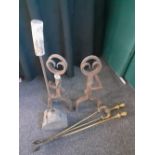 A pair of Iron fire dogs brass fire irons etc